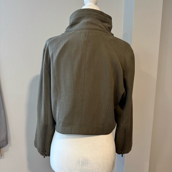 Y2K INC olive green taupe cropped convertible silk moto jacket size medium - Picture 9 of 14